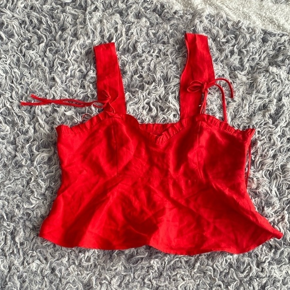 Zara Red Strappy Tied Cropped Linen Blend Top Size Medium - Picture 3 of 16